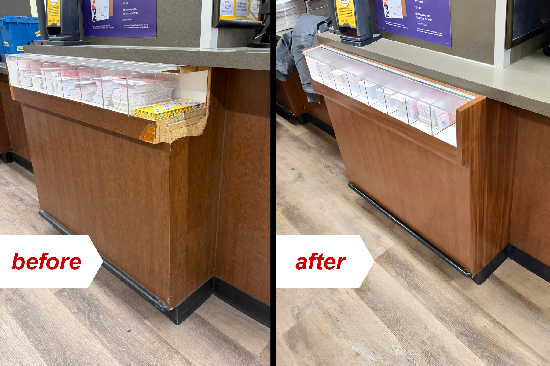 Before and after photos of a customer service desk repaired with custom millwork