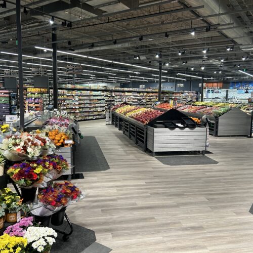 Big Y grocery store showing the bright and newly remodeled produce and floral departments.